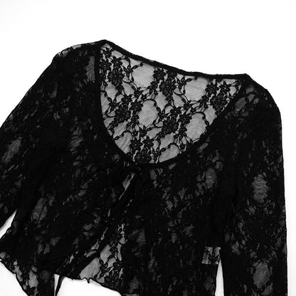 Long sleeve lace ruffle self tie top  | Festival Outfits Women