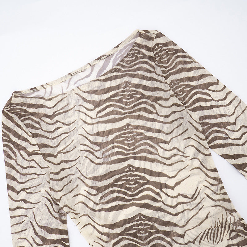 Long sleeve striped print mesh top  | Festival Outfits Women