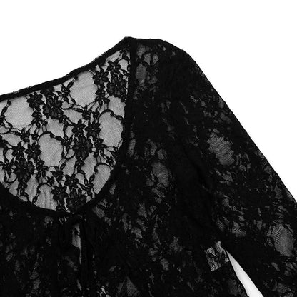 Long sleeve lace ruffle self tie top  | Festival Outfits Women