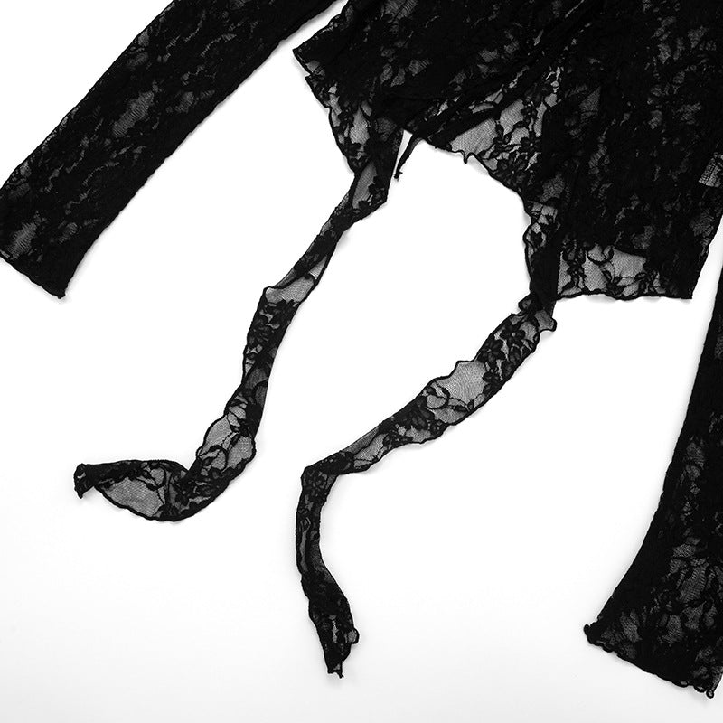 Long sleeve lace ruffle self tie top  | Festival Outfits Women