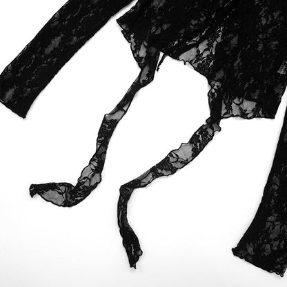 Long sleeve lace ruffle self tie top  | Festival Outfits Women