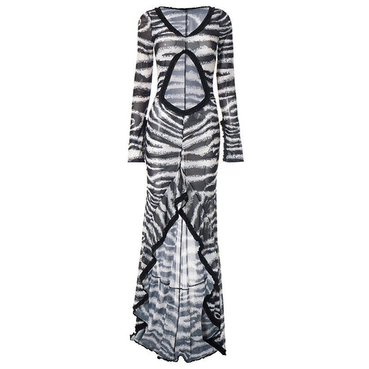 Zebra print hollow out slit ruffle cut out maxi dress  | Festival Outfits Women