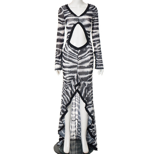 Zebra print hollow out slit ruffle cut out maxi dress  | Festival Outfits Women