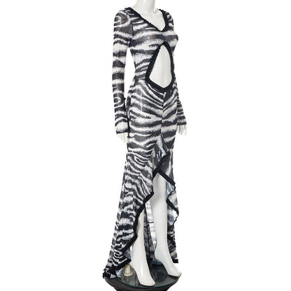 Zebra print hollow out slit ruffle cut out maxi dress  | Festival Outfits Women