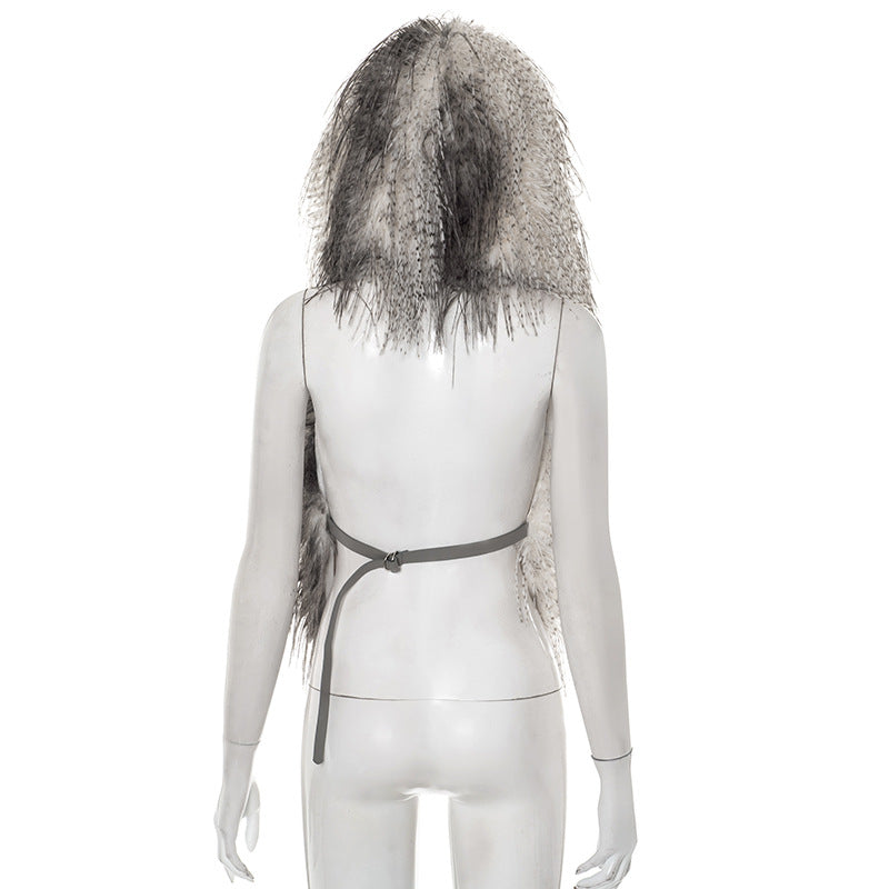 Hoodie fluffy self tie v neck backless top  | Festival Outfits Women