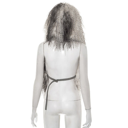 Hoodie fluffy self tie v neck backless top  | Festival Outfits Women