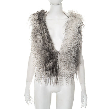 Hoodie fluffy self tie v neck backless top  | Festival Outfits Women