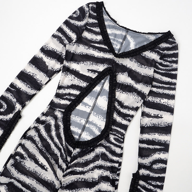 Zebra print hollow out slit ruffle cut out maxi dress  | Festival Outfits Women