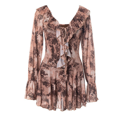 Long flared sleeve ruffle lace up print mini dress  | Festival Outfits Women