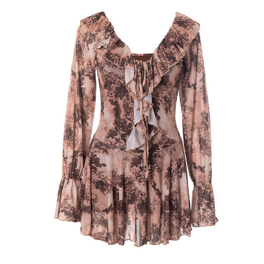 Long flared sleeve ruffle lace up print mini dress  | Festival Outfits Women