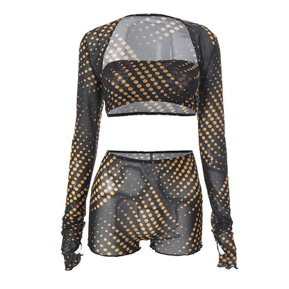 Polka dot long sleeve mesh 3 piece short pant set  | Festival Outfits Women