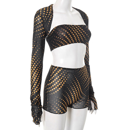 Polka dot long sleeve mesh 3 piece short pant set  | Festival Outfits Women