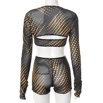 Polka dot long sleeve mesh 3 piece short pant set  | Festival Outfits Women