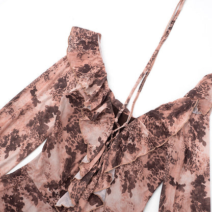Long flared sleeve ruffle lace up print mini dress  | Festival Outfits Women