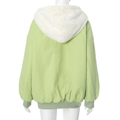 Long sleeve hoodie fluffy 2-way pocket zip-up coat top  | Festival Outfits Women
