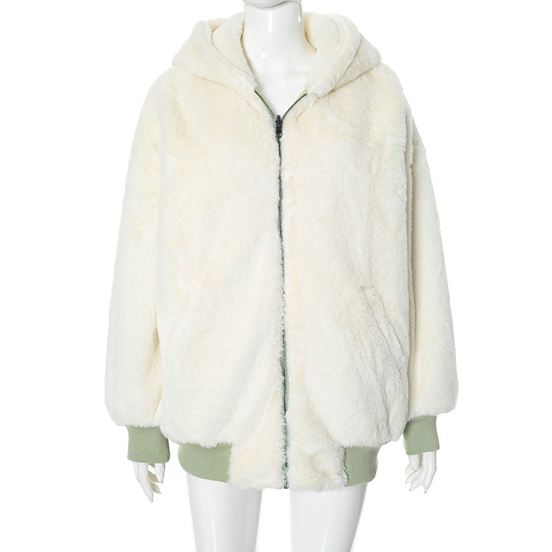 Long sleeve hoodie fluffy 2-way pocket zip-up coat top  | Festival Outfits Women