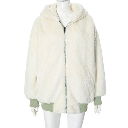 Long sleeve hoodie fluffy 2-way pocket zip-up coat top  | Festival Outfits Women