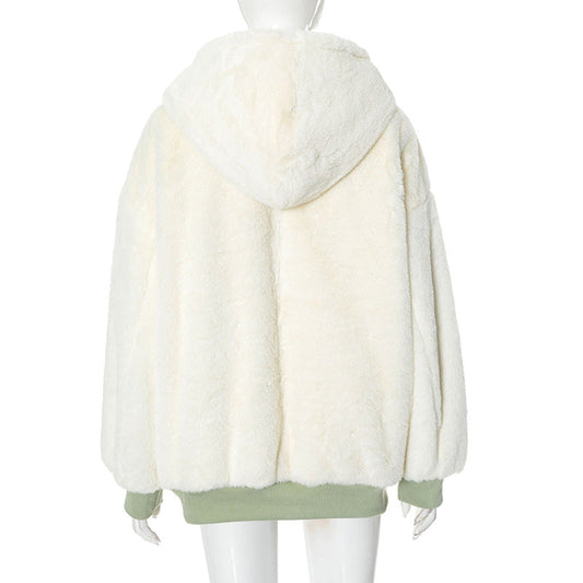 Long sleeve hoodie fluffy 2-way pocket zip-up coat top  | Festival Outfits Women