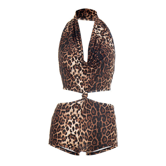 Halter leopard print self tie romper  | Festival Outfits Women