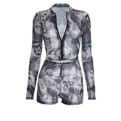 Long sleeve abstract zip-up mesh short pant set  | Festival Outfits Women