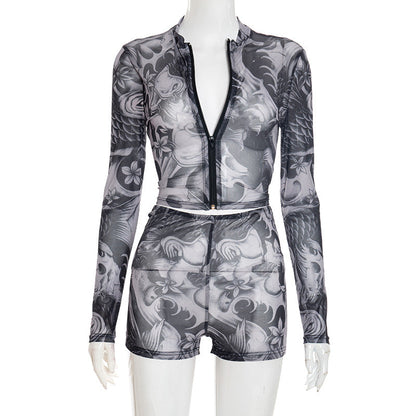 Long sleeve abstract zip-up mesh short pant set  | Festival Outfits Women