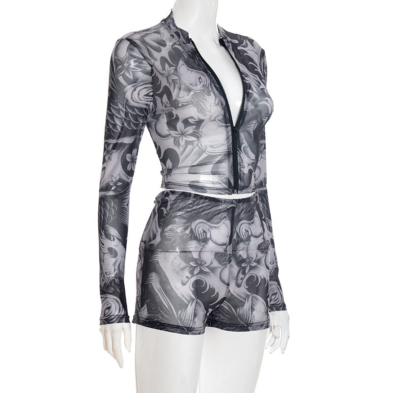 Long sleeve abstract zip-up mesh short pant set  | Festival Outfits Women