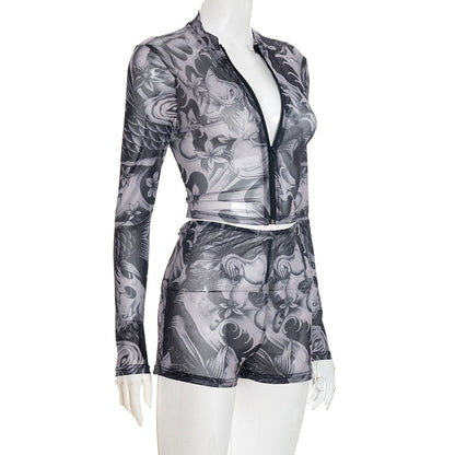 Long sleeve abstract zip-up mesh short pant set  | Festival Outfits Women