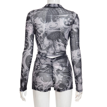 Long sleeve abstract zip-up mesh short pant set  | Festival Outfits Women