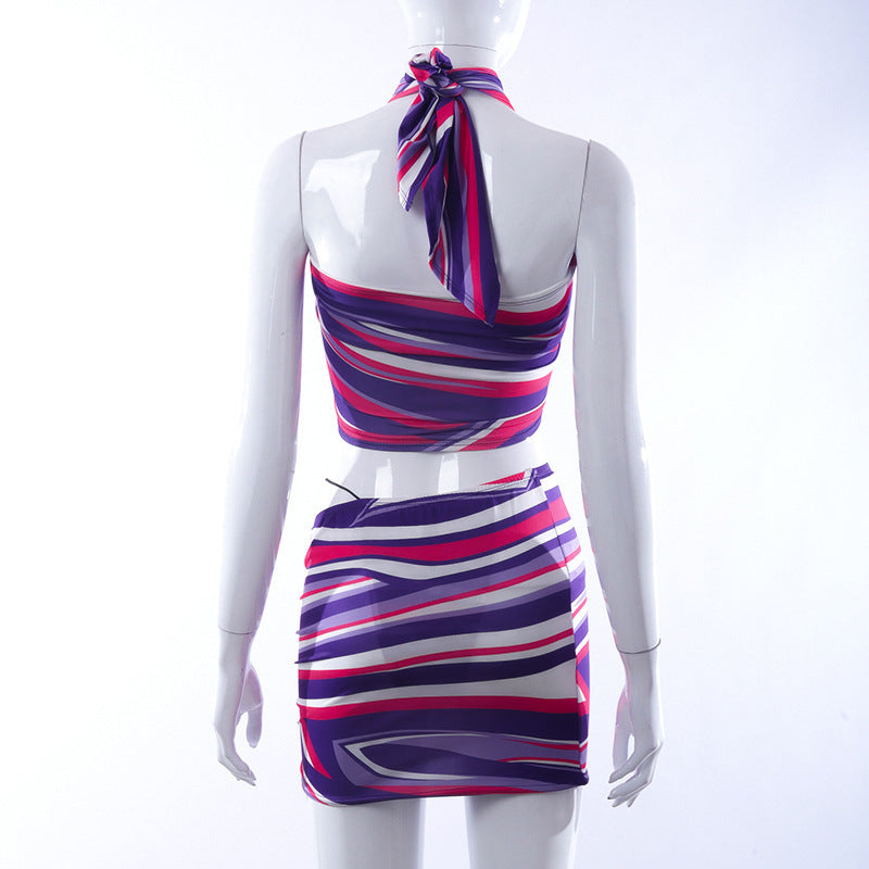 Striped print halter contrast mini skirt set  | Festival Outfits Women