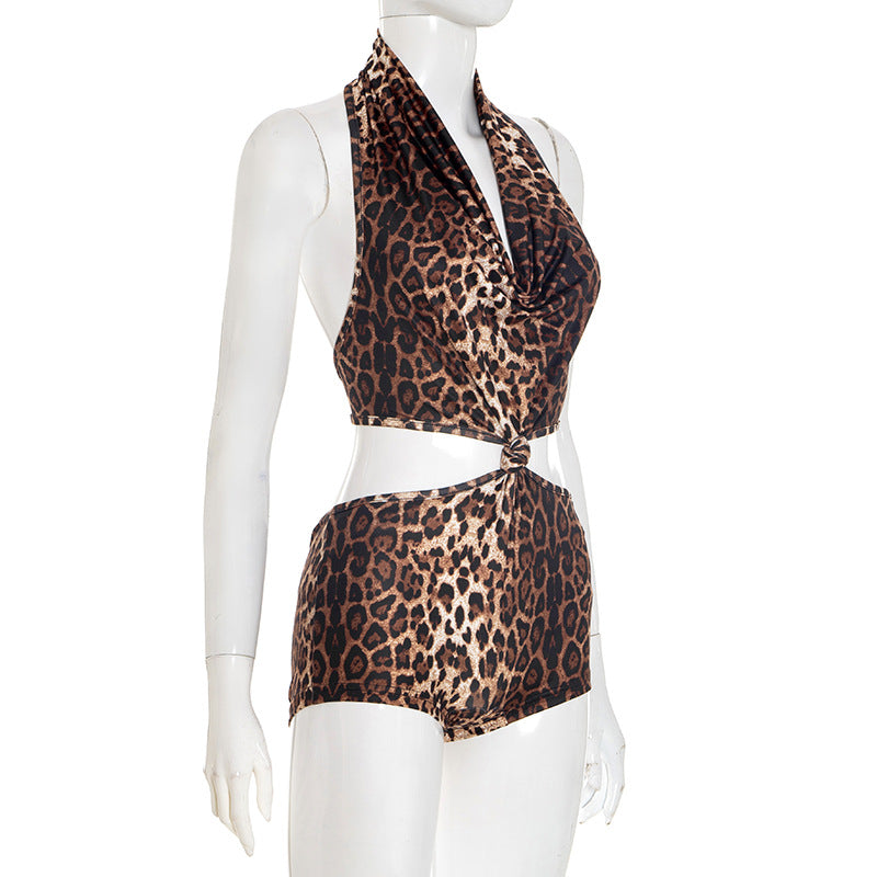 Halter leopard print self tie romper  | Festival Outfits Women