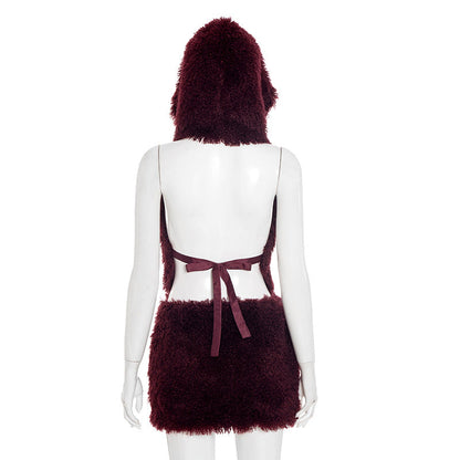 Hoodie backless self tie fluffy mini skirt set  | Festival Outfits Women