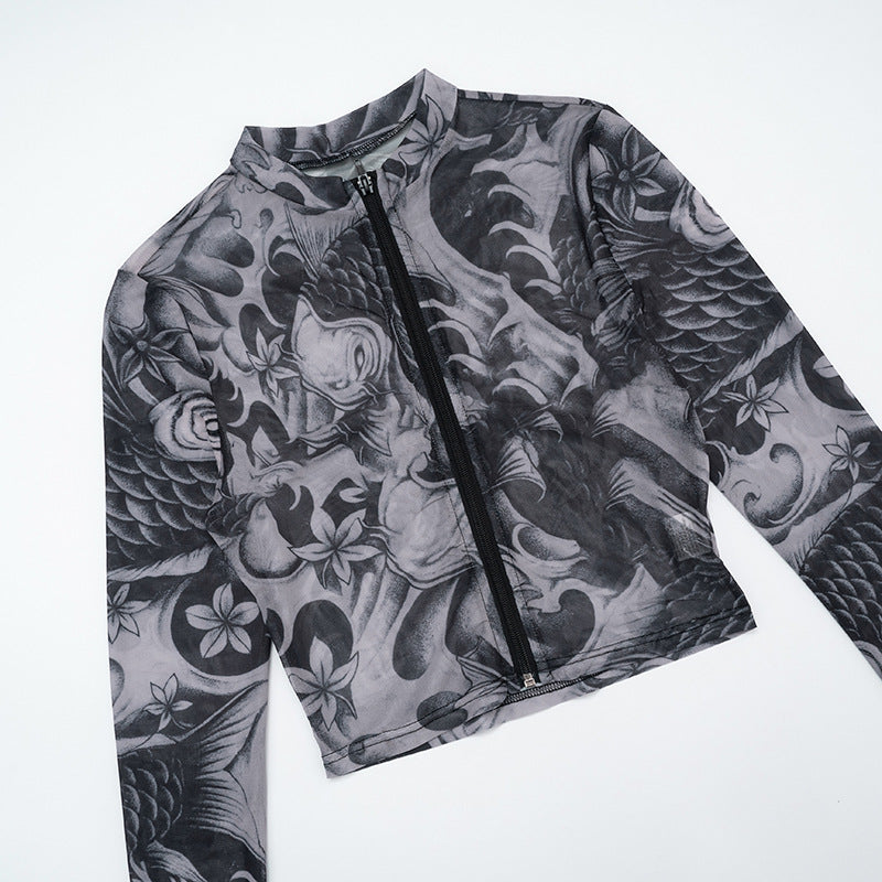 Long sleeve abstract zip-up mesh short pant set  | Festival Outfits Women
