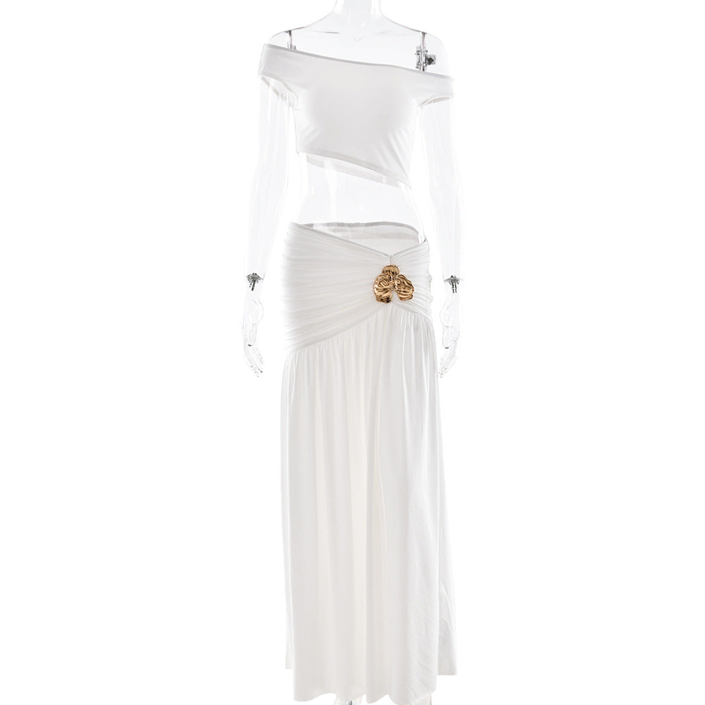 Ruched high slit irregular solid maxi skirt set  | Festival Outfits Women