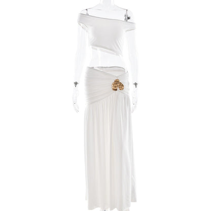 Ruched high slit irregular solid maxi skirt set  | Festival Outfits Women