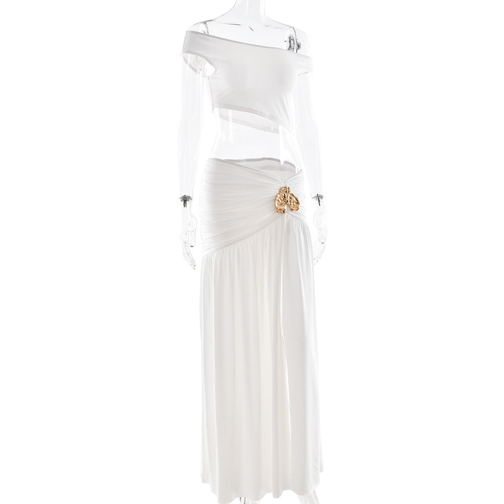 Ruched high slit irregular solid maxi skirt set  | Festival Outfits Women