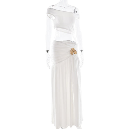 Ruched high slit irregular solid maxi skirt set  | Festival Outfits Women