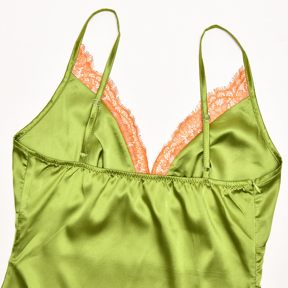 Satin lace hem v neck zip-up cami maxi dress  | Festival Outfits Women