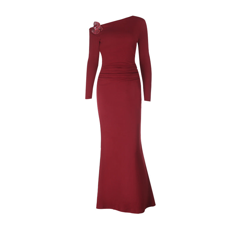 Long sleeve one shoulder flower applique maxi dress  | Festival Outfits Women