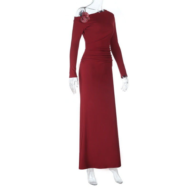Long sleeve one shoulder flower applique maxi dress  | Festival Outfits Women