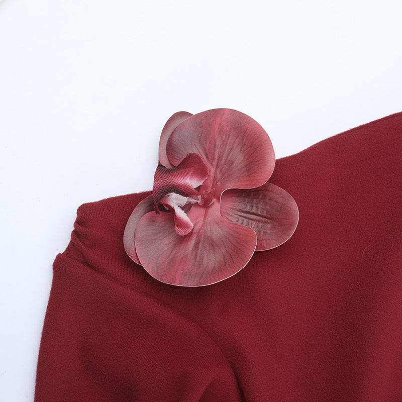 Long sleeve one shoulder flower applique maxi dress  | Festival Outfits Women