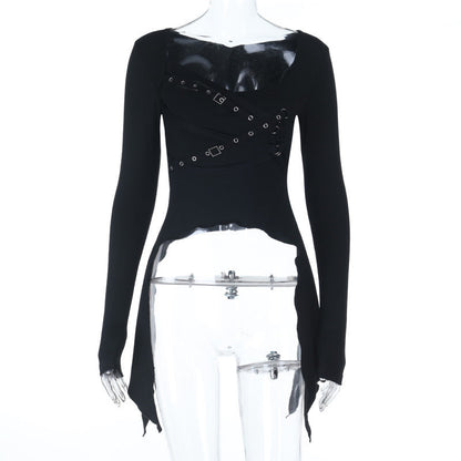 Long sleeve u neck irregular top  | Festival Outfits Women