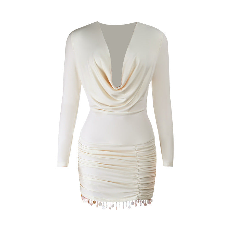 Cowl neck long sleeve ruched tassels mini dress  | Festival Outfits Women