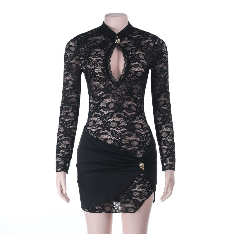 Long sleeve hollow out lace cut out mini dress  | Festival Outfits Women