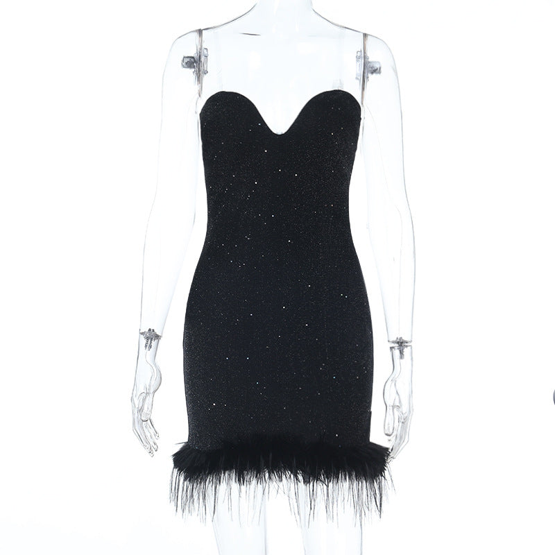Sweetheart neck fluffy glitter mini dress  | Festival Outfits Women
