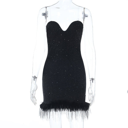 Sweetheart neck fluffy glitter mini dress  | Festival Outfits Women