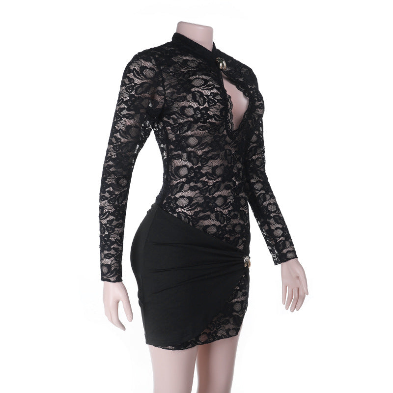 Long sleeve hollow out lace cut out mini dress  | Festival Outfits Women