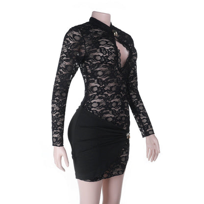 Long sleeve hollow out lace cut out mini dress  | Festival Outfits Women