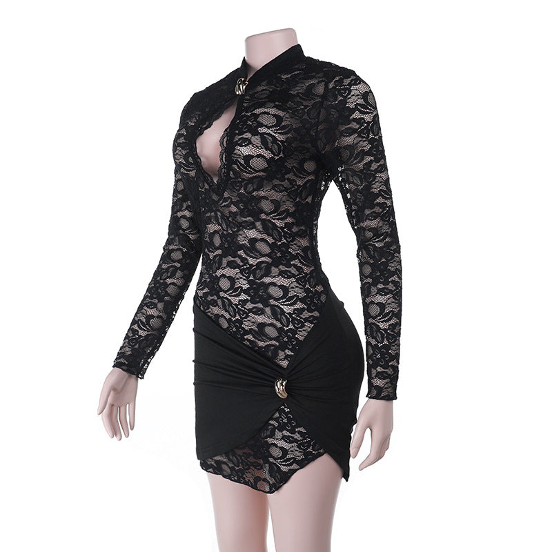 Long sleeve hollow out lace cut out mini dress  | Festival Outfits Women