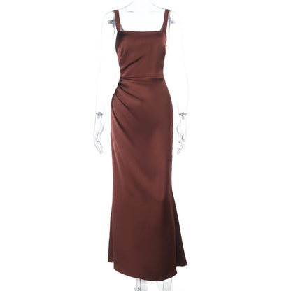 Square neck satin ruched zip-up cami maxi dress  | Festival Outfits Women