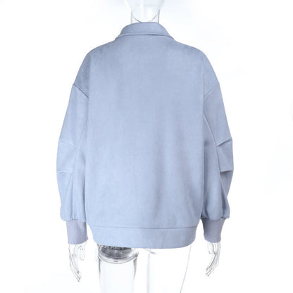Turnover collar long sleeve zip-up button top  | Festival Outfits Women